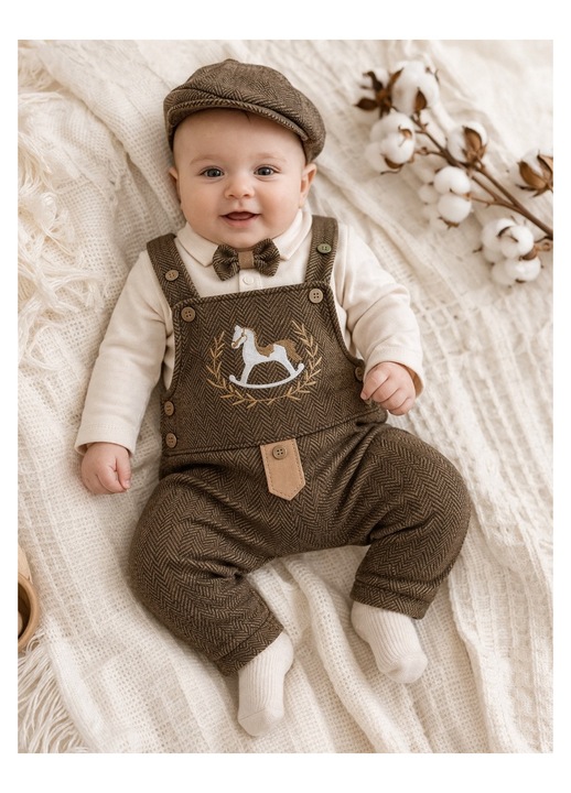 Costumas elegant bebe baiat 3 piese salopeta cu papion si sapca maro