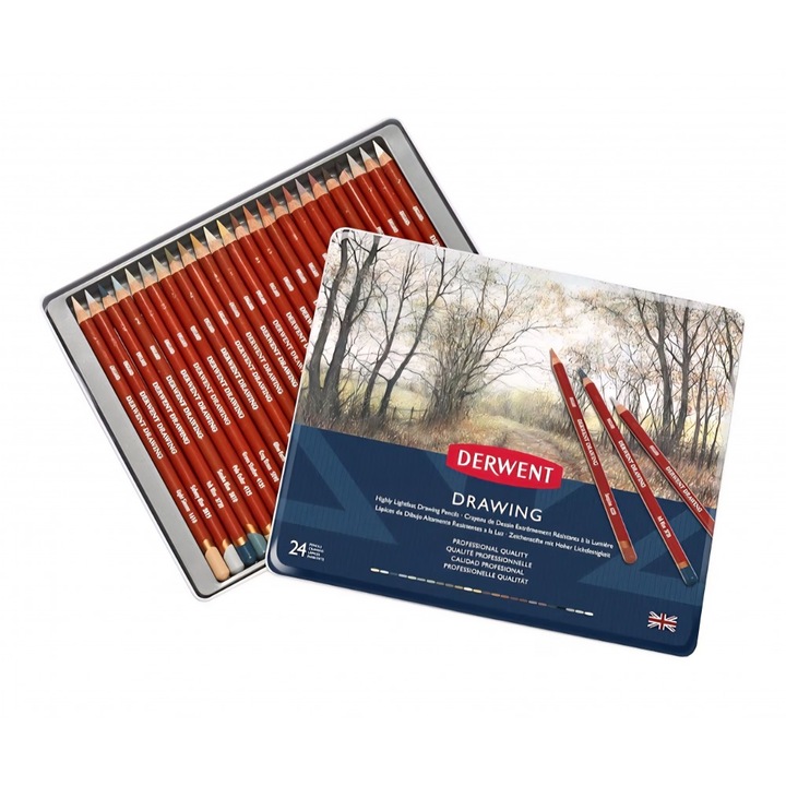 Set 24 creioane colorate profesionale Derwent Drawing, cutie metalica, culori intense, mine moi pentru desen artistic si shading