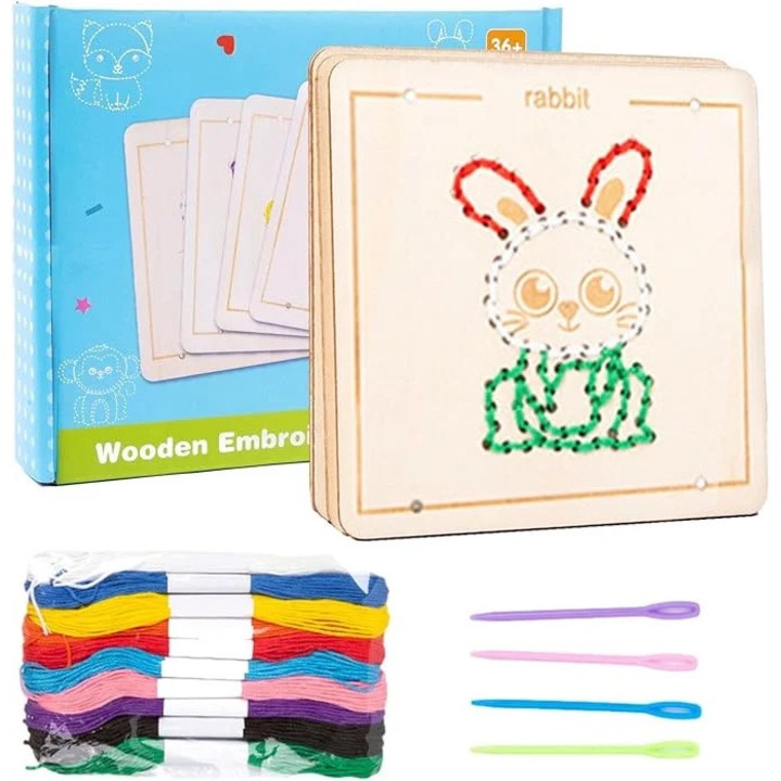 Joc Educativ de Cusut pe Lemn Stuniko® - Micii Artizani, Montessori, Set Broderie pentru Copii, Dezvoltare Motricitate Fina, 3 ani+