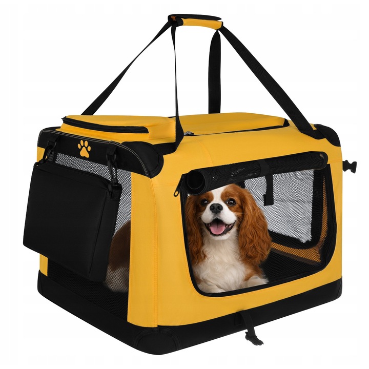 Geanta transport caini si pisici pliabila 60x42x44 cm pana la 25 kg, cusca moale cu 3 intrari si plasa ventilatie, cadru metalic, saltea inclusa, buzunare accesorii, pentru masina si calatorii