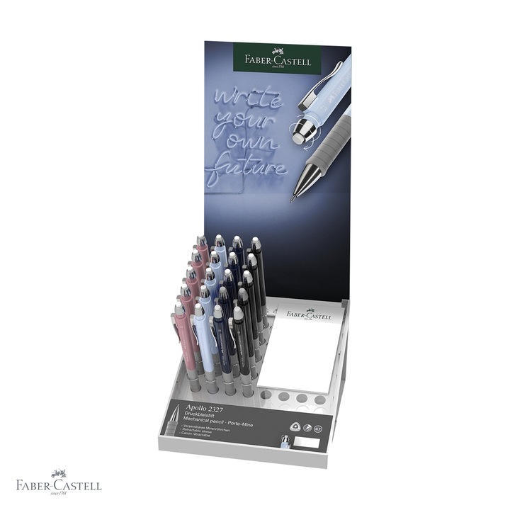 Display 20 creioane mecanice Faber-Castell Apollo 0.7mm, grip ergonomic triunghiular, pentru birou si scoala