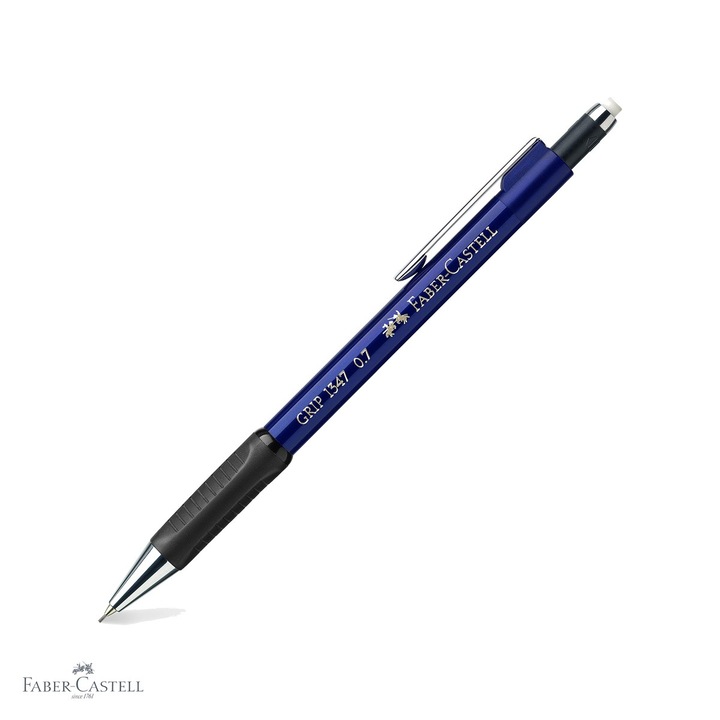 Creion mecanic Faber-Castell Grip 1347, mina 0.7mm, zona grip cauciucata, albastru metalic