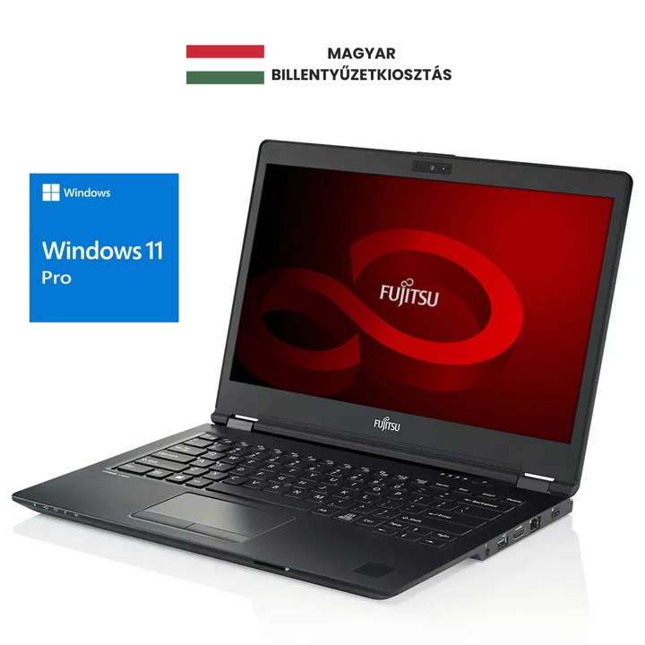 Fujitsu LifeBook Laptop, Intel Core i5 8365U, 24GB DDR4 Memória, 256GB SSD, 14" FullHD kijelző, Fekete, Magyar billentyűzet, Böngésző, Vírusirtó, Windows 11 Pro