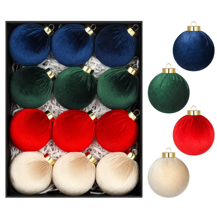 StarryLights karácsonyi gömb szett, 4 szín (gránát, zöld, piros, ekrü), bársony anyag, elegáns