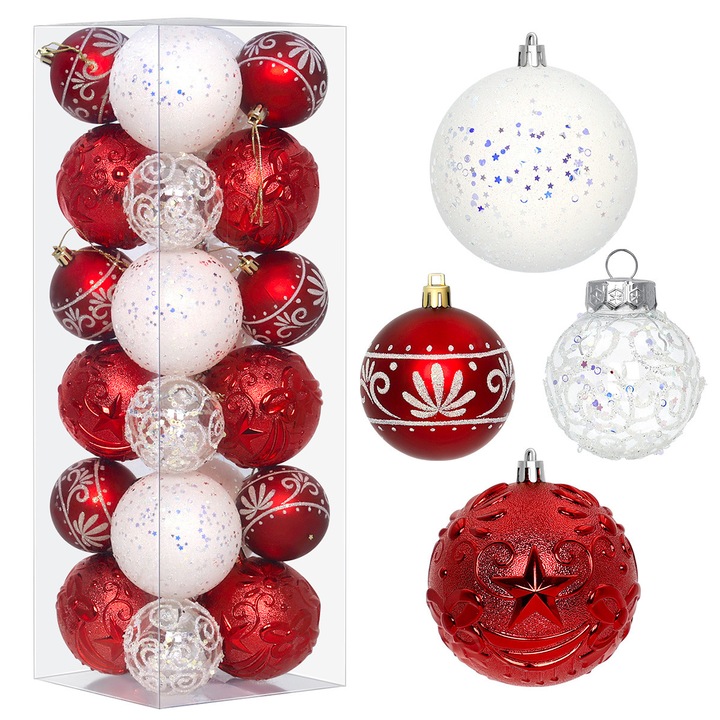 StarryLights karácsonyi gömbkészlet, piros-fehér, vegyes minták, műanyag, könnyen felakasztható