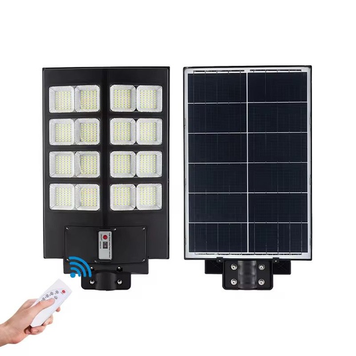 Lampa Solara Stradala JORTAN 800W, LED SMD Ultra Puternic, Senzor PIR Miscare, Panou Solar Integrat, IP66 Exterior, Telecomanda Inclusa, Suport Montaj Stalp Inclus, Iluminare Curte, Alee, Parcare, Autonomie Mare, Lumina Alb Rece 6000K
