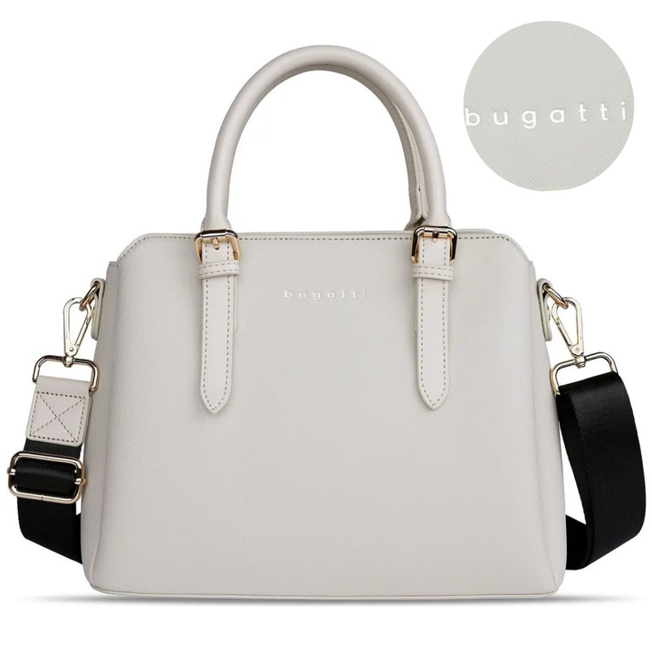 Geanta dama Bugatti Ella M, eleganta si spatioasa, aspect Saffiano, bareta reglabila, compartimente multiple, bej, 493623