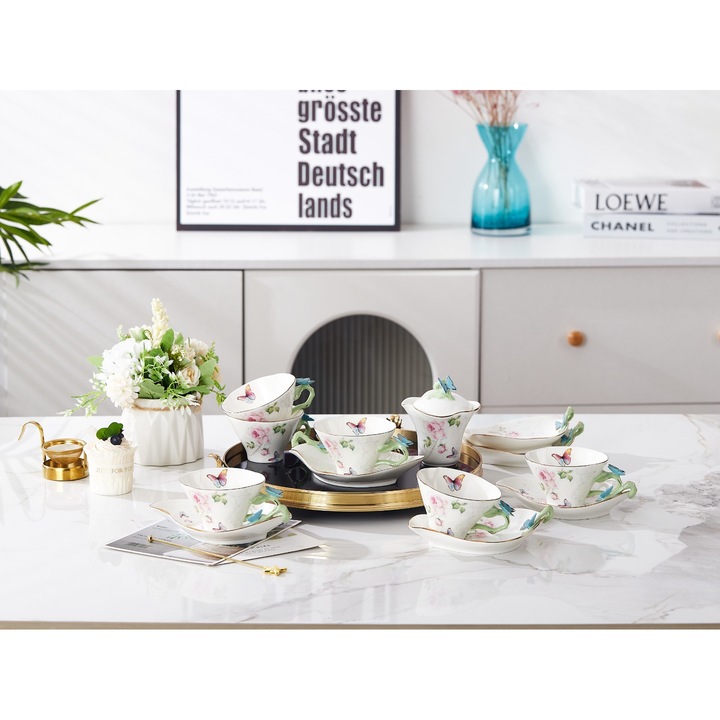 Set cafea Butterfly – 14 piese portelan cu fluturi sculptati, 6 cesti cu farfurioare si zaharnita
