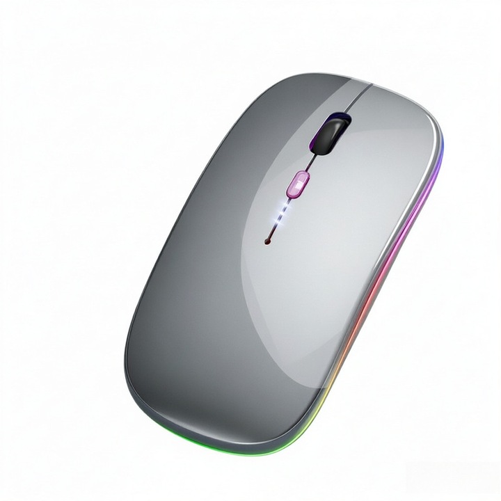 Mouse Wireless, USB-C, Indicator de Baterie, Ultra Subtire, Cu buton DPI, Bluetooth 5.2 si 2.4Ghz, Receptor USB, Mouse cu Click Silentios, Perfect pentru Utilizare Zilnica si Calatorii, Gri Met