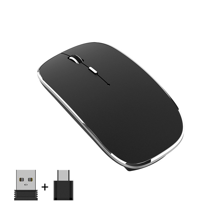 Vezeték nélküli egér, USB 2,4GHz, C típusú, Vékony és hordozható egér, csendes, Gyors töltés, Ergonomikus kialakítás, Állítható 800/1200/1600DPI, Tökéletes mindennapi használatra és utazáshoz, Fekete