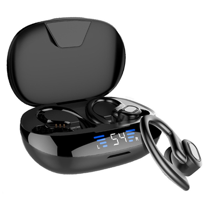 Casti Wireless Sport cu Carlig de Ureche, In-ear, Design Ergonomic, Afisaj LED, Bluetooth 5.3, Raza 15m, Autonomie Lunga, Microfon HD, Type-C, Rezistente la Transpiratie – Negru
