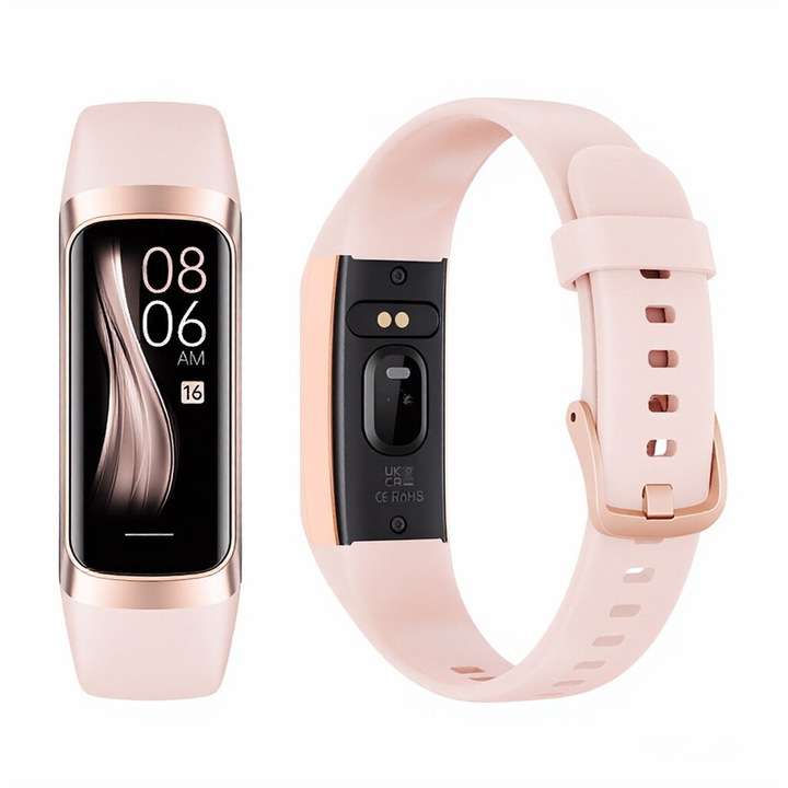 Bratara Inteligenta, AMOLED, Incarcare Magnetica, Multiple Sporturi, Cont Familial,10 Limbi pe Hand,50 Limbi in App, Ritm Cardiac, Tensiune, Oxigen, Somn, Selfie, Pedometru, IP68 – Roz