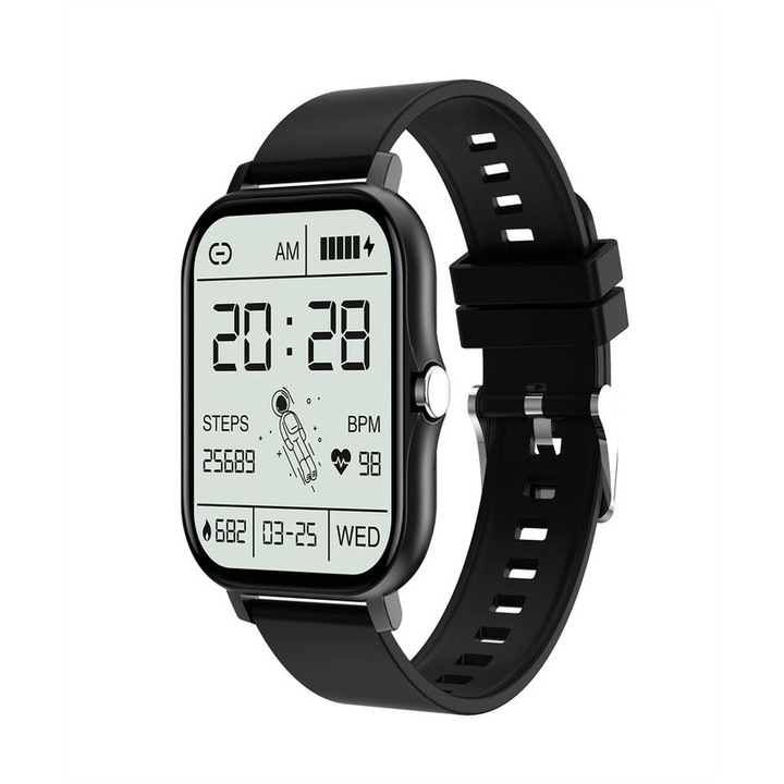 Bratara de fitness inteligenta, 7-14 zile de viata a bateriei, frecventa cardiaca, tensiune arteriala, somn, pedometru, apel/mesaj de primire, control muzical, IP67, 1.83 inch LED, negru