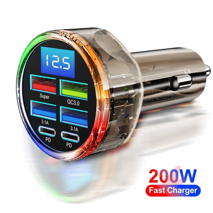 6 portos autós töltő, 4 USB gyorstöltő port 2+PD, USB autós töltő, gyorstöltés LED kijelzővel, Színes fények, autós töltő adapter, fekete