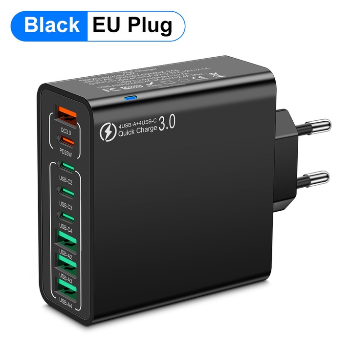 Incarcator Retea,8 Porturi, 55W Fast Charge,4 x USB, 4x Type-CPD, Sunt inteligent, protectie automata la oprire, Compatibil telefon, smartwatch, iPhone, Huawei, Samsung, Xiaomi, Negru