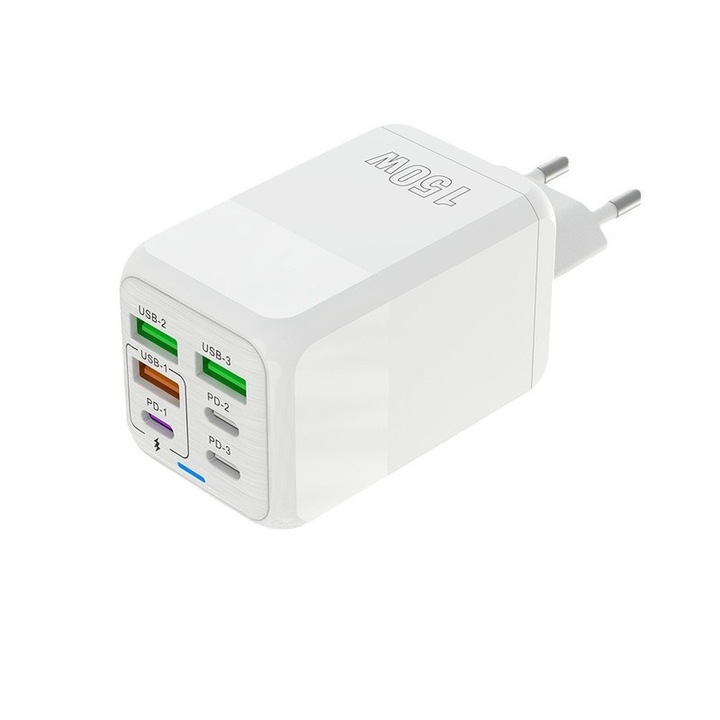 Incarcator retea, Adaptor de incarcare rapida, Incarcare rapida 150W, cu 6 porturi – 3 x Tip-CPD si 3 x USB-A, pentru Smartphone, Laptop, Samsung Galaxy, Apple Universal, Alb