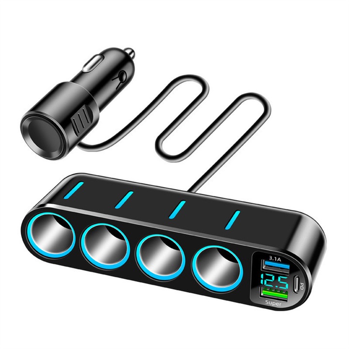 Adaptor Priza Auto, Incarcator auto,7 in 1,65W 4Soclu auto, 2 USB Incarcare Rapida QC si 1 Type-C Incarcare Rapida PD, Afisaj display voltaj, Alimentarea Mai Multor Dispozitive, Negru