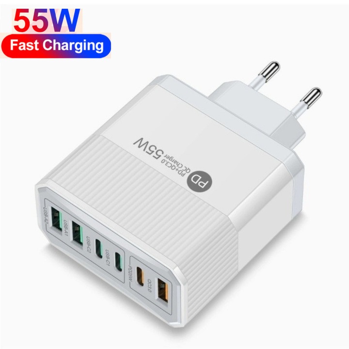 Incarcator Retea, 6 Porturi, 55W Fast Charge, 3 x USB, 3 x Type-CPD, Incarcare Rapida pentru iPhone, Samsung, Huawei, Xiaomi, MacBook, Laptopuri, Compatibilitate Universala, Alb, Design Compact