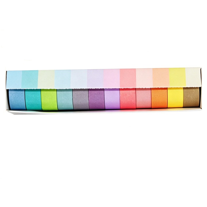 Banda Washi, BOMSTOM, 12 szín, DIY dekoratív matricák, naplóanyag, újrafelhasználható, 1.5 x 200 cm, többszínű