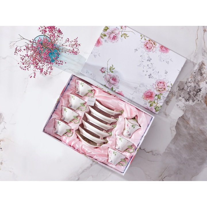 Set cafea Rosebud – 14 piese portelan cu boboci sculptati, 6 cesti cu farfurioare si zaharnita