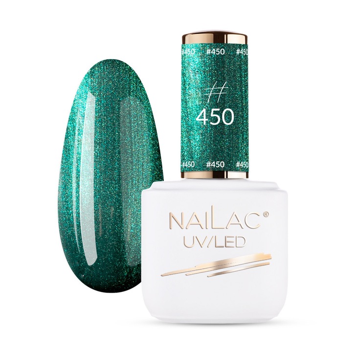 Oja hibrida NaiLac #450, verde regal cu particule, 7ml