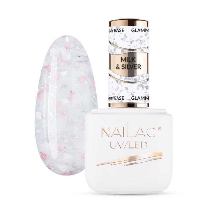 Baza kauczukowa NaiLac Milk&Silver, 7ml, cu particule stralucitoare, nuante argintii si roz