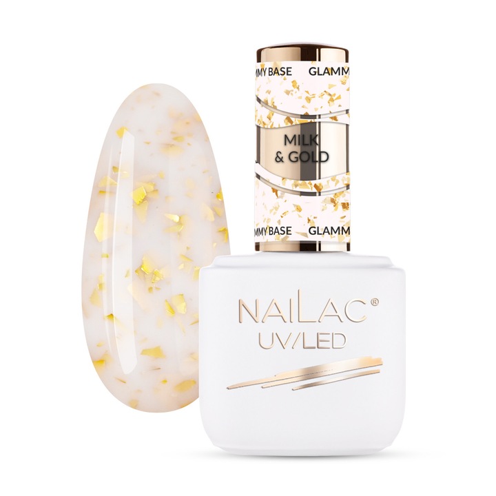 Baza kauczukowa NaiLac Milk&Gold, 7ml, cu particule stralucitoare