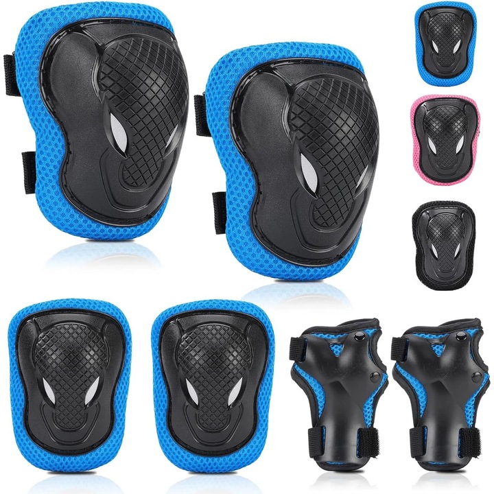 Set de protectie pentru copii 6-in-1, genunchiere, cotiere, protectii pentru incheieturi, albastru si negru, 3-14 ani