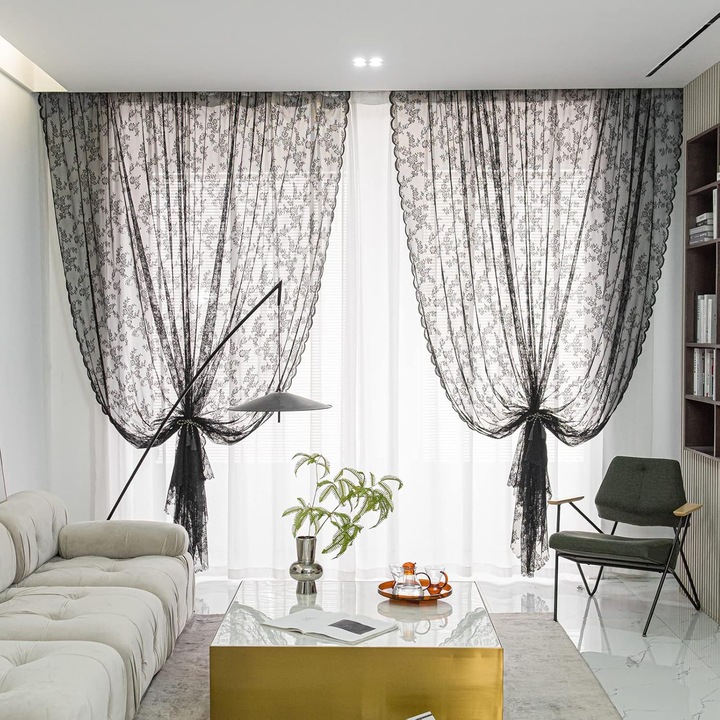 Perdele din dantela semi-transparenta, design elegant, model floral, set de 2, 57x72in, negru