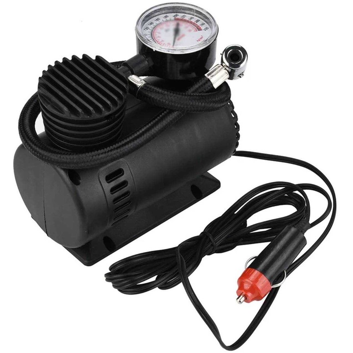 Compresor de aer portabil, mini pompa, alimentare 12V, pentru anvelope auto si motociclete, cu manometru