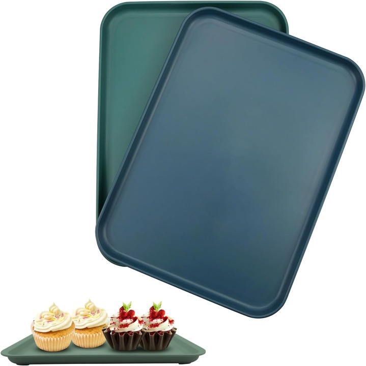 Set de 2 tavi servire din plastic reutilizabil, 30.5x22cm, verde inchis + albastru inchis