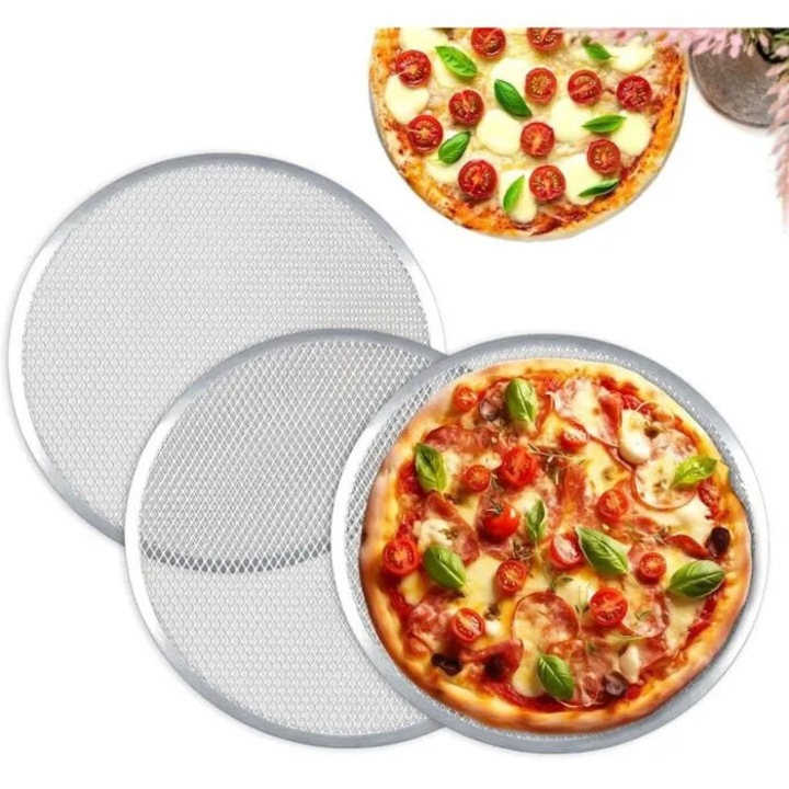 Set 3 Tavi Copt Pizza, 33cm, Aluminiu, Rotund, Structura respirabila