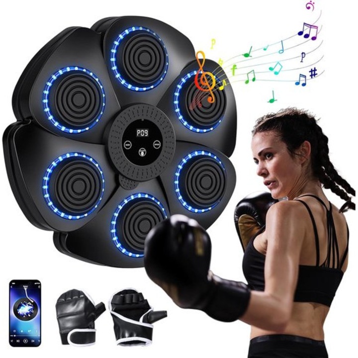 Intelligens bokszgép zenével, falra szerelhető, Bluetooth csatlakozás, fényeffektusok, bokszkesztyű felnőtteknek és gyerekeknek, 9 sebesség és számlálási beállítások