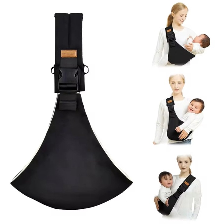 Ergonomikus babahordozó, fekete, egyvállas kialakítás, maximális teherbírás 15 kg