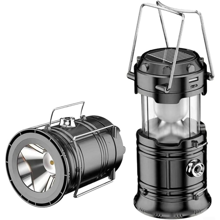 Lanterna solara multifunctionala, cu baterie integrata, port USB, neagra, dimensiuni compacte