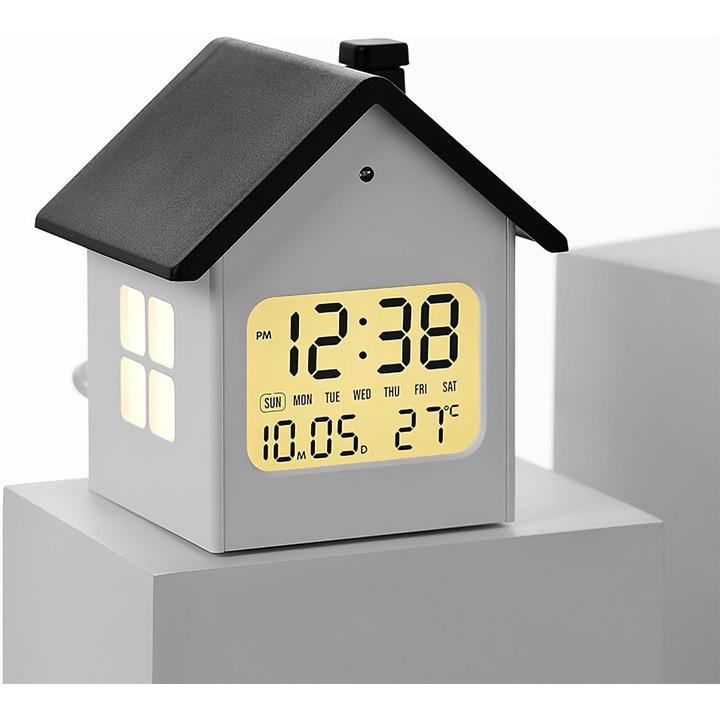 Ceas desteptator digital LED in forma de casa, cu lumina de noapte si functie snooze, 8.9x7.8x9.5cm, multicolor