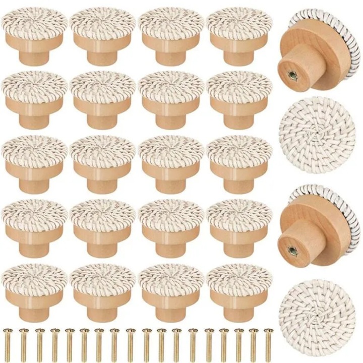 Set 24 butoane pentru dulap, manere din ratan, manere din lemn, pentru sertare, feronerie si accesorii mobila