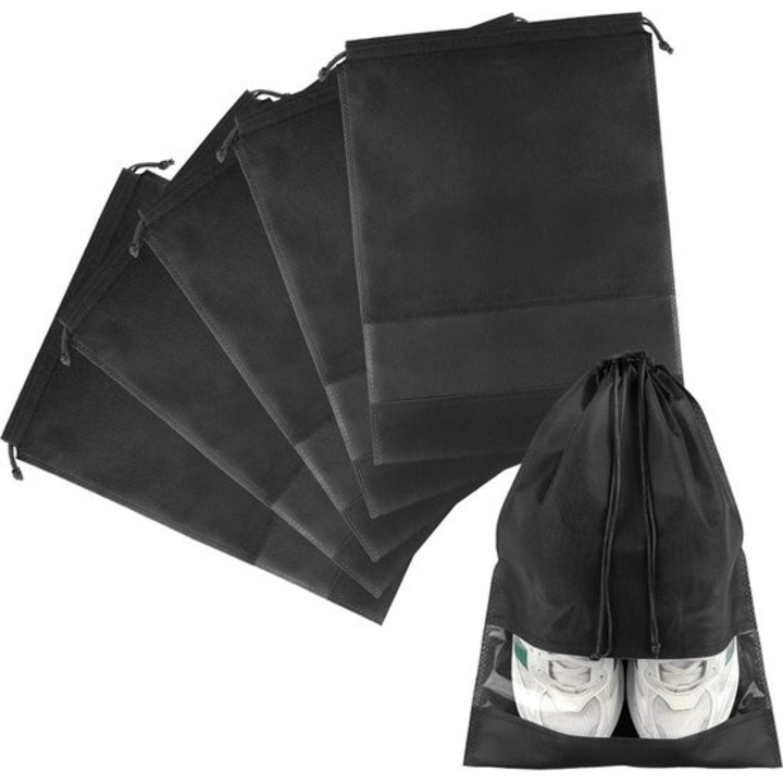 Set 5 saci pentru incaltaminte, negru, 27x36cm, cu fereastra transparenta, material netesut