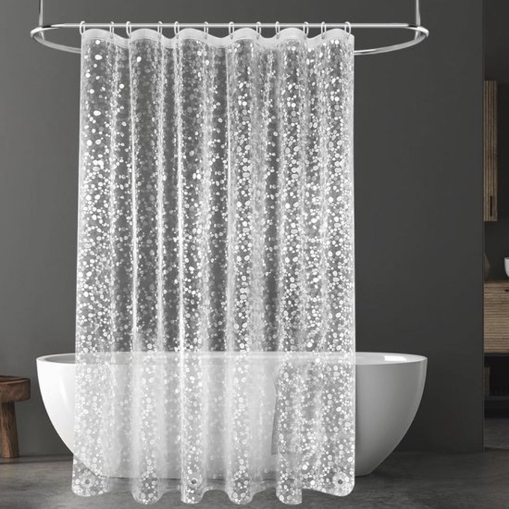 Cortina de dus anti-mucegai, 180x180cm, material PEVA, semi-transparenta, cu 12 carlige si greutate magnetica, model piatra, set.