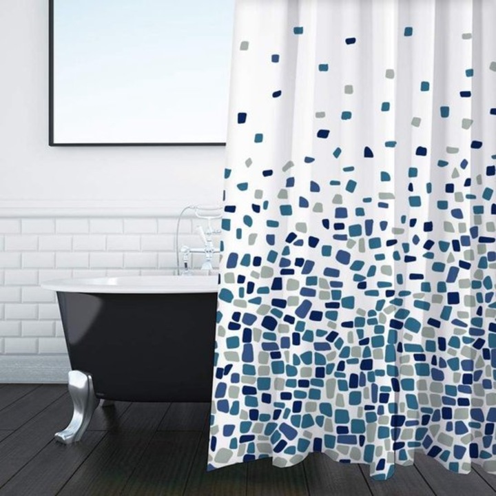 Cortina de dus, 180x180cm, albastru mozaic, 12 carlige din plastic