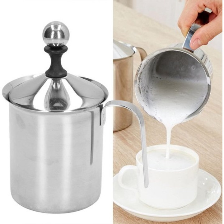 Spumant manual pentru lapte 800ml, inox, design compact, 10x19.7cm