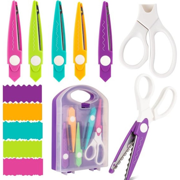 Set de foarfece decorative 6 piese cu cutie de depozitare, 5 tipuri de lame zigzag, multicolor