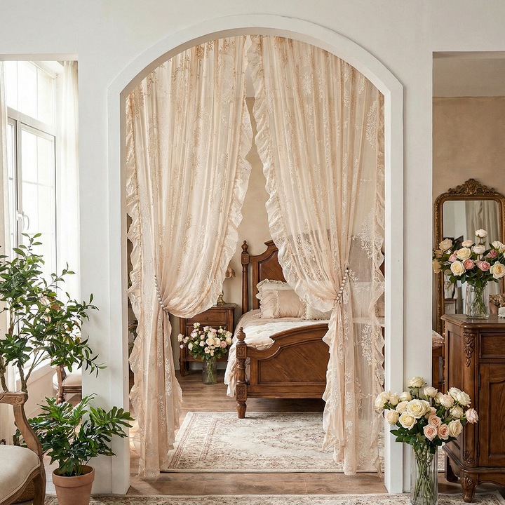 Perdele din dantela verde, set 2 piese, stil bohemian, broderie florala, semi-transparent, montare pe tija