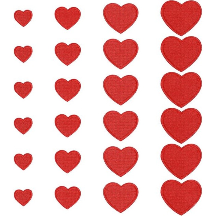 Set 24 patch-uri decorative in forma de inima rosie, 4 dimensiuni, pentru imbracaminte si accesorii
