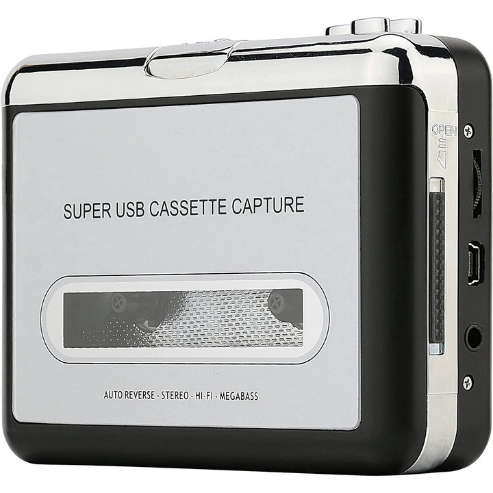 Retro kazettás magnó, kazetta-MP3 konverter, 3.5mm AUX, ezüst