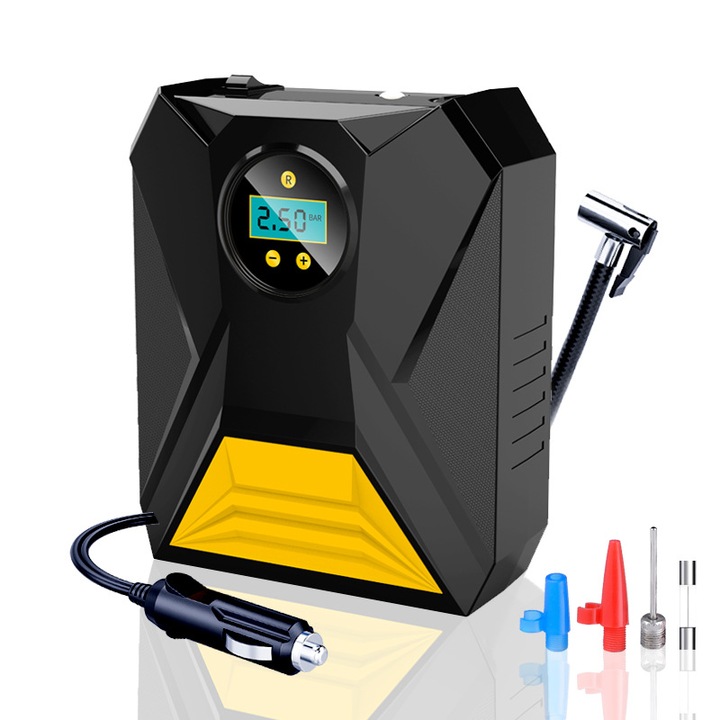 Compresor auto electric portabil 12V, cu adaptor pentru duza, presiune maxima 150 PSI, set complet accesorii
