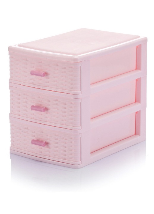 Cutie bijuterii roz, 3 compartimente, plastic, design sertar