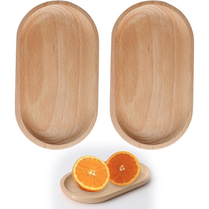 Set de 2 tavi din lemn de fag, oval, 18x10cm, pentru deserturi si gustari