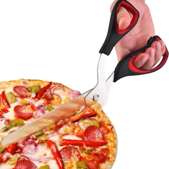 Professzionális pizzavágó olló, 27cm, rozsdamentes acél, fekete/piros, könnyen tisztítható