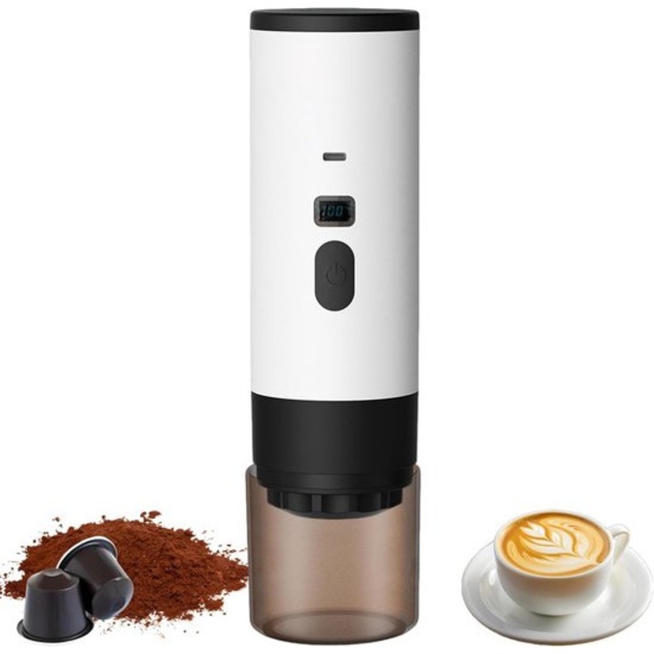 Espressor portabil 3-in-1, pentru cafea macinata si capsule, alb, dimensiuni compacte